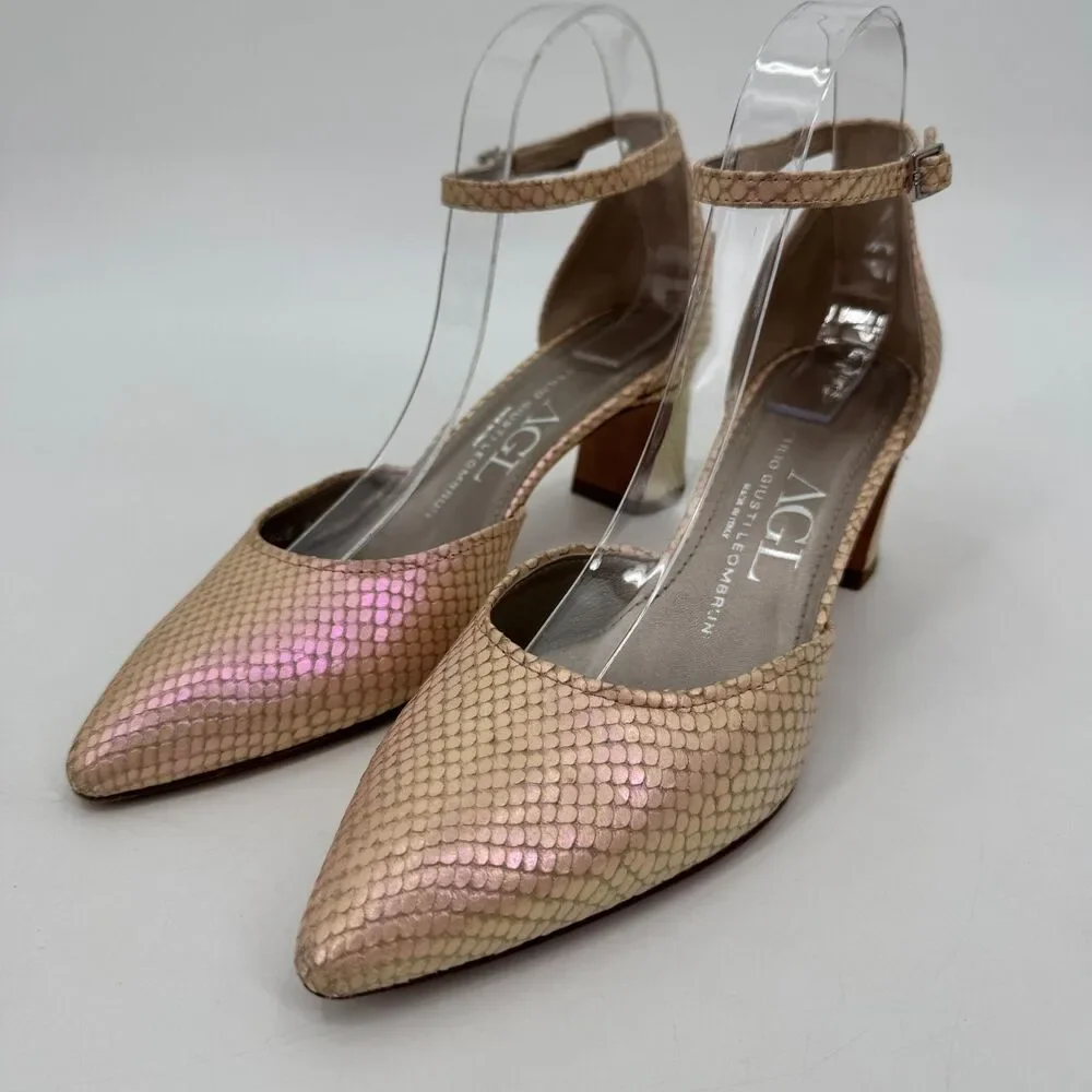 AGL D'Orsay Pink Pearlescent Snakeskin Ankle Strap Chunk Heels Size 9 US 39 EUR
